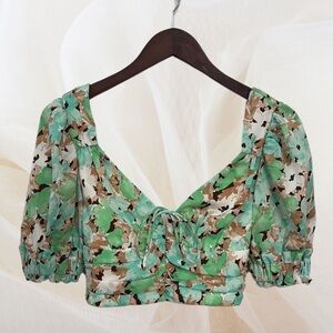 MORE TO COME Kacey Puff Sleeve Top- Green Floral Crop Top